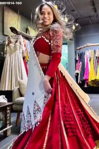 Navratri Red Mirror Work Lehenga Choli in Silk Blend