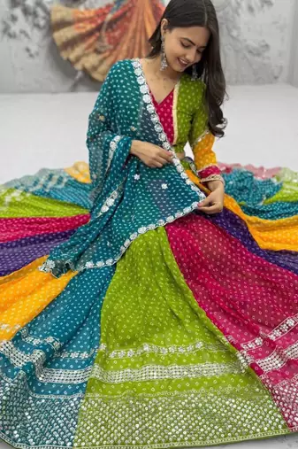 Navratri Multicolor Embroidered Lehenga Choli in Georgette