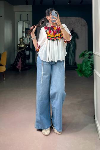 White cotton poly embroidered  top