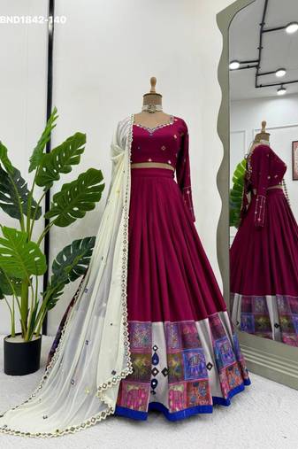 Navratri Wine Mirror Work Lehenga Choli in Rayon