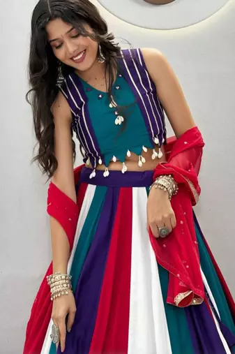 Navratri Multicolor Embroidered Lehenga Choli in Cotton Poly