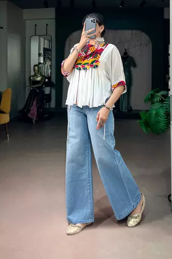 White cotton poly embroidered  top