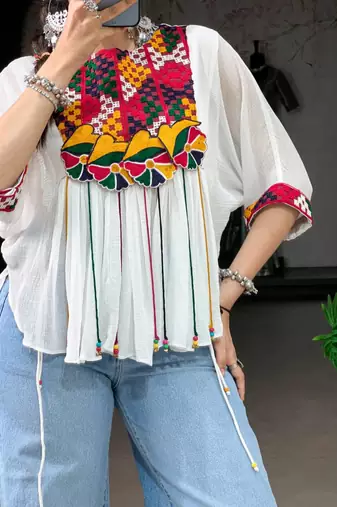 White cotton poly embroidered  top