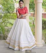 Navratri White Gamthi Work Lehenga Choli in Cotton Poly