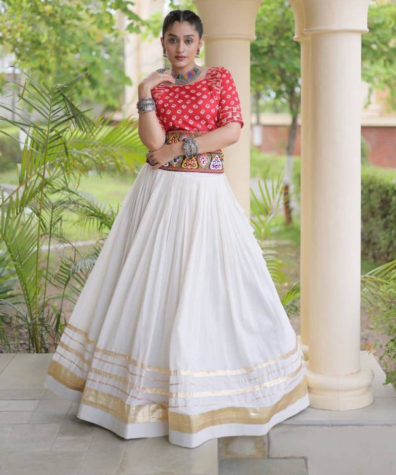Navratri White Gamthi Work Lehenga Choli in Cotton Poly