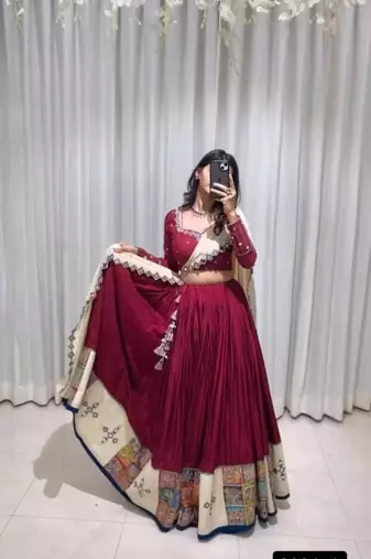 Navratri Wine Mirror Work Lehenga Choli in Rayon