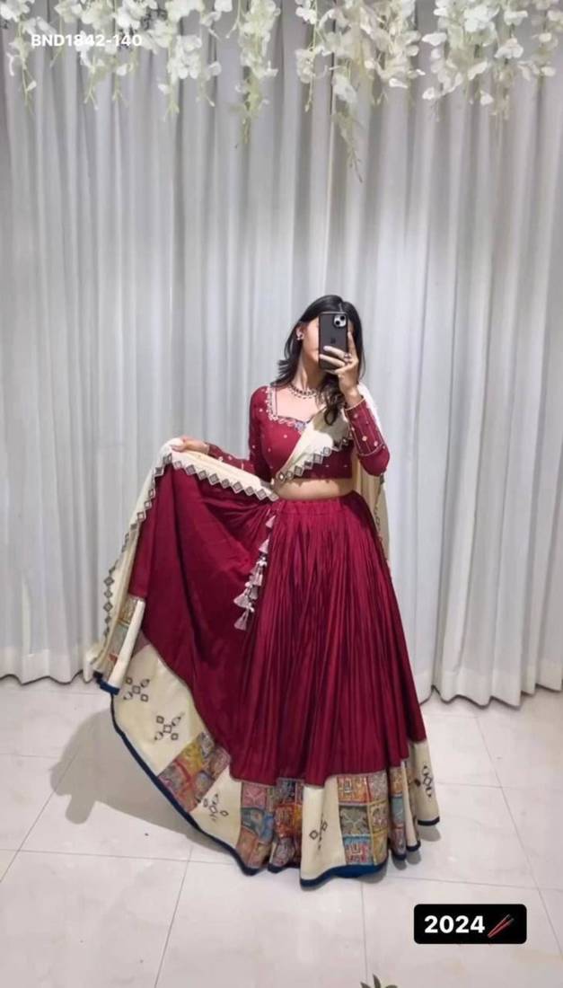 Navratri Wine Mirror Work Lehenga Choli in Rayon