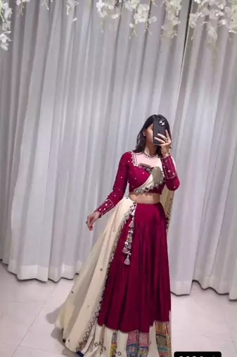 Navratri Wine Mirror Work Lehenga Choli in Rayon