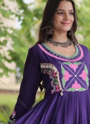 Purple cotton poly embroidered flared gown set 2