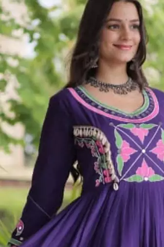 Purple cotton poly embroidered flared gown set