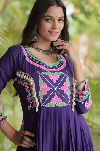 Purple cotton poly embroidered flared gown set