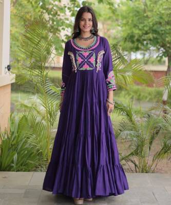 Purple cotton poly embroidered flared gown set 1