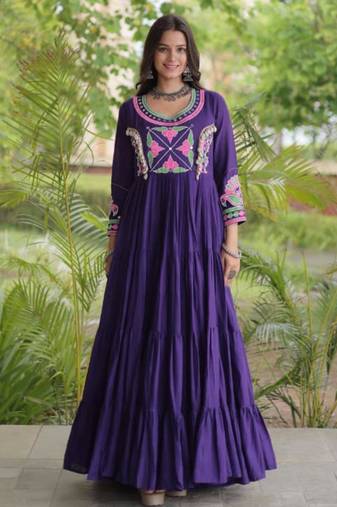 Purple cotton poly embroidered flared gown set