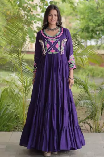 Purple cotton poly embroidered flared gown set