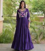 Purple cotton poly embroidered flared gown set