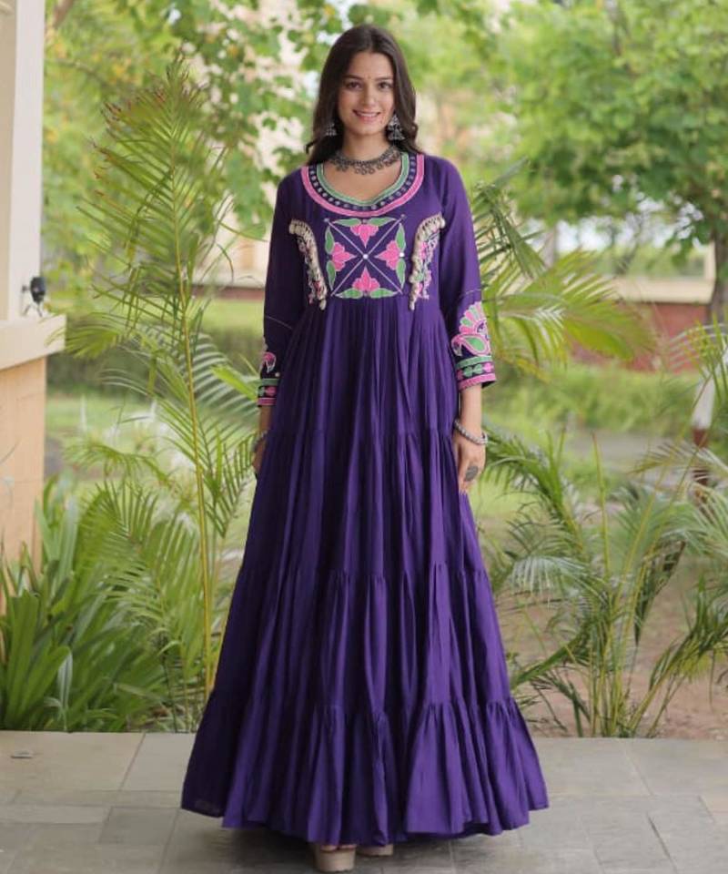 Purple cotton poly embroidered flared gown set