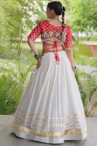 Navratri White Gamthi Work Lehenga Choli in Cotton Poly