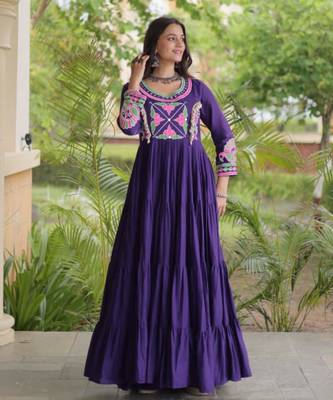 Purple cotton poly embroidered flared gown set 4
