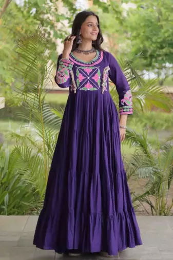 Purple cotton poly embroidered flared gown set