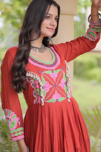 Red cotton poly embroidered flared gown set
