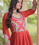 Red cotton poly embroidered flared gown set