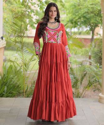 Red cotton poly embroidered flared gown set 2