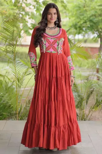 Red cotton poly embroidered flared gown set