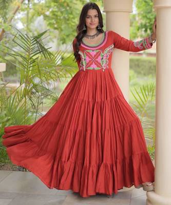 Red cotton poly embroidered flared gown set 3