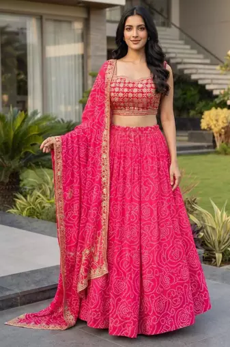 Navratri Rani-pink Printed Lehenga Choli in Georgette