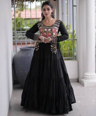 Black rayon embroidered flared gown set 1