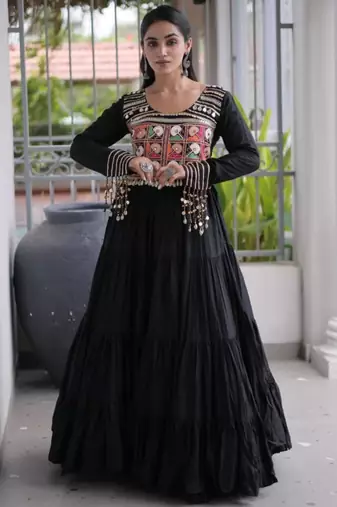 Black rayon embroidered flared gown set