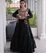 Black rayon embroidered flared gown set