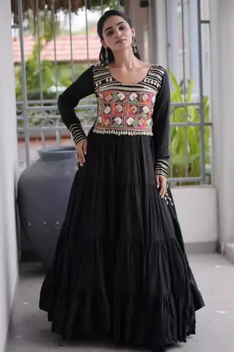 Black rayon embroidered flared gown set