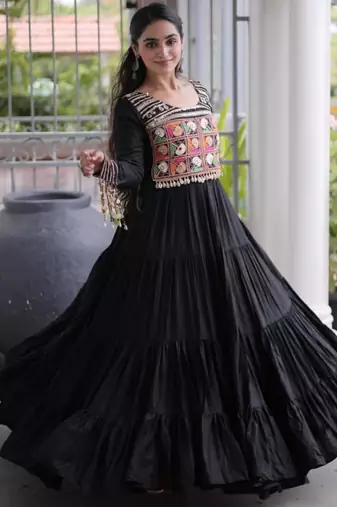 Black rayon embroidered flared gown set