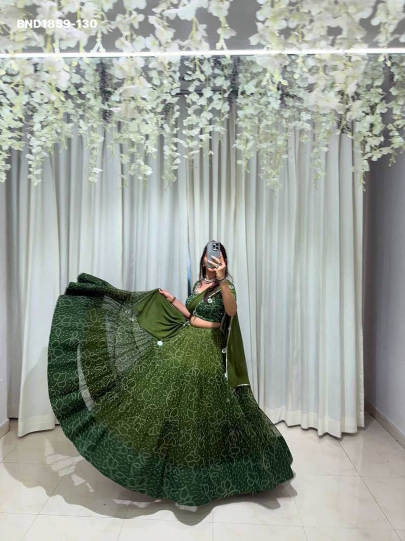 Navratri Green Mirror Work Lehenga Choli in Georgette