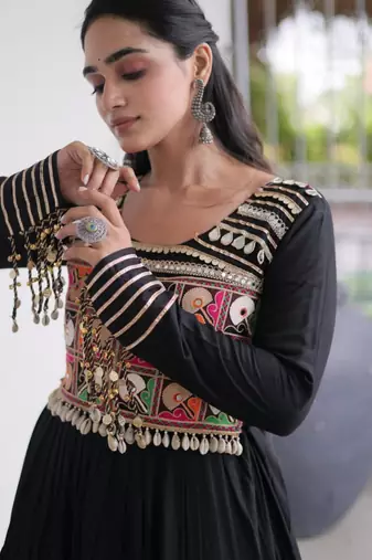 Black rayon embroidered flared gown set