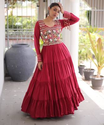 Red rayon embroidered flared gown set 1