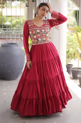 Red rayon embroidered flared gown set