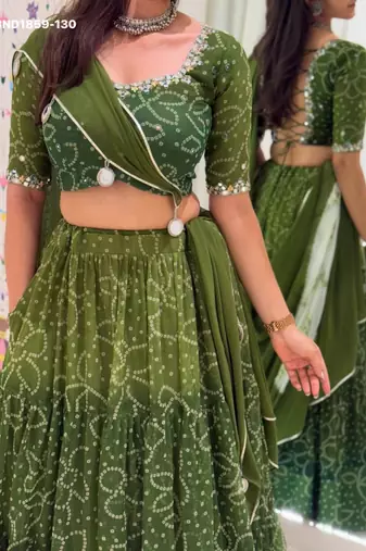 Navratri Green Mirror Work Lehenga Choli in Georgette
