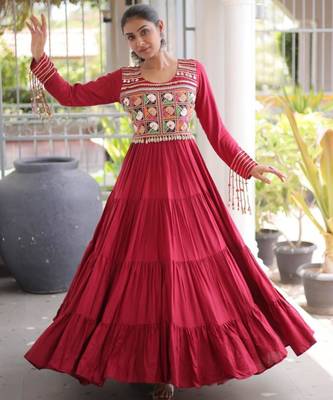 Red rayon embroidered flared gown set 3