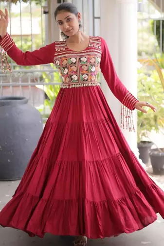 Red rayon embroidered flared gown set