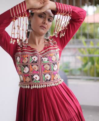 Red rayon embroidered flared gown set 4