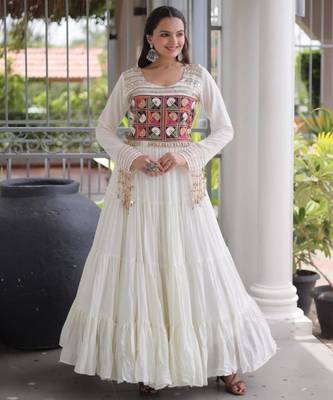 White rayon embroidered flared gown set 1
