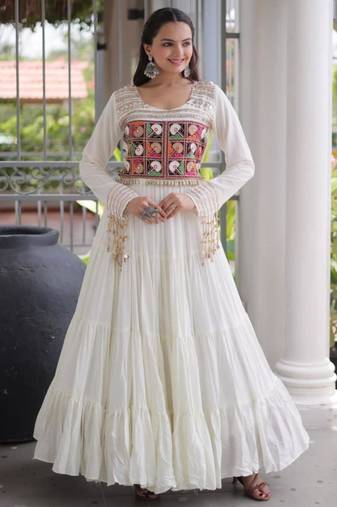 White rayon embroidered flared gown set