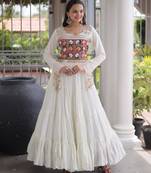 White rayon embroidered flared gown set