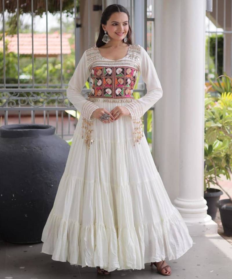 White rayon embroidered flared gown set