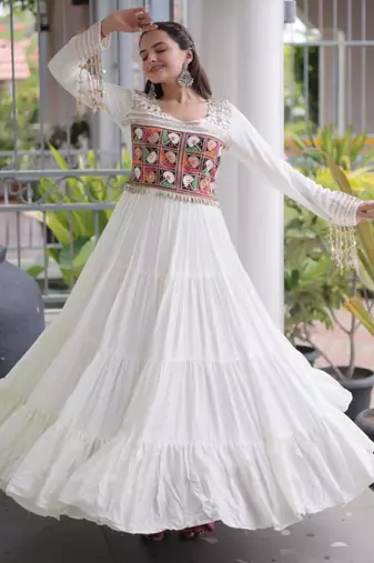 White rayon embroidered flared gown set