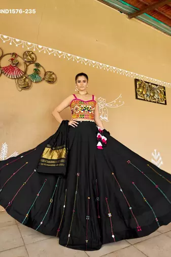 Navratri Black Mirror Work Lehenga Choli in Cotton Poly