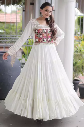 White rayon embroidered flared gown set