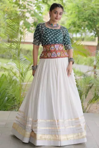 Navratri White Gamthi Work Lehenga Choli in Cotton Poly